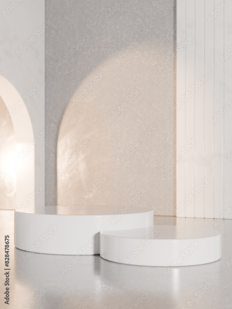 Poster 3d rendering image of round podiums for product presentation in studio