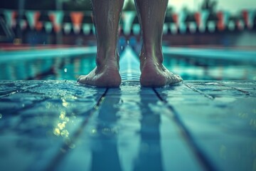 Focused Swimmer's Feet at Starting Block in Competition Pool - Readiness and Tension Before the Race