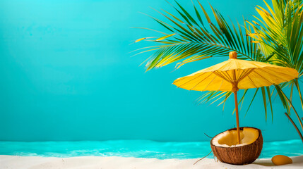 Obraz premium Coco con sombrilla amarilla en playa tropical