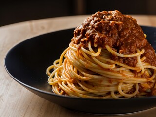 Italian Spaghetti noodles with sauce bolognese in a black plate, on a table closeup, Italian food