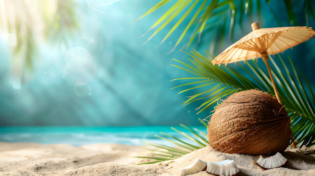 Coco con sombrilla amarilla en playa tropical