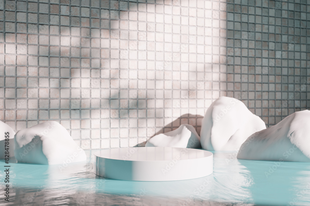 Poster 3d rendering image of round podium on water surface near rocks in studio