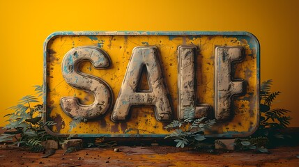 **Imagin first an eye-catching yellow sign advertising a sale with 50% off, isolated on a solid background