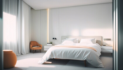 minimalist bedroom design with white sheets and bright colors, luxury hotel concept
