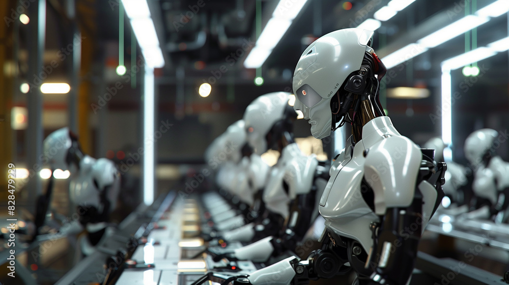 Poster a robot is working on a conveyor belt in a factory. the robot is white and has blue eyes. there are 