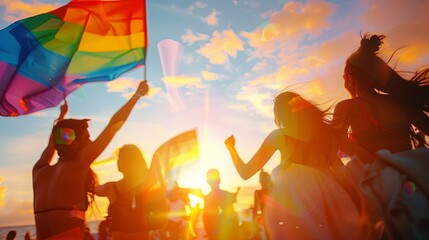 Fototapeta premium Vibrant LGBTQ Summer Party Silhouette with Rainbow Flags at Sunset