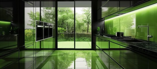 Modern black and green kitchen interior featuring black granite countertops, green tile floor