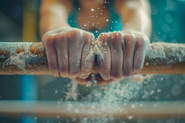 Fototapeta premium Gymnast's Hands Gripping Uneven Bars with Chalk Dust in Mid-Air, Focused Close-Up for Sports and Fitness Themes