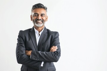 mature indian businessman standing on white background