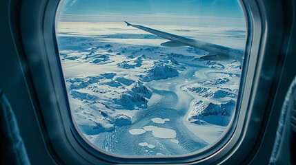 View of Greenland's melting polar ice cap from the window of a commercial passenger aircraft