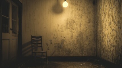 A chair is sitting in a room with a wall that is covered in peeling paint. The room is dark and...
