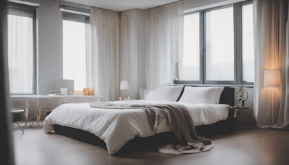 minimalist bedroom design with white sheets and bright colors, luxury hotel concept
