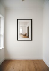 Mock up Interior blank black frame hanging on a white wall