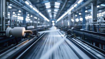 A factory with a conveyor belt and a lot of machinery