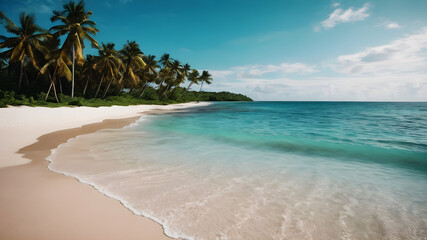 Fototapeta premium A pristine tropical beach with wood bed white sand and crystal-clear turquoise water. Palm trees line the shore, gently swaying in the breeze. The sky is bright blue with a few fluffy clouds,