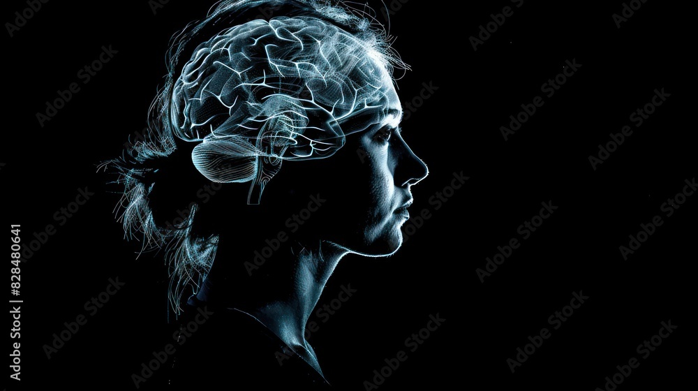 Poster a side profile of a person's head with a transparent overlay showing the brain's structure, emphasiz