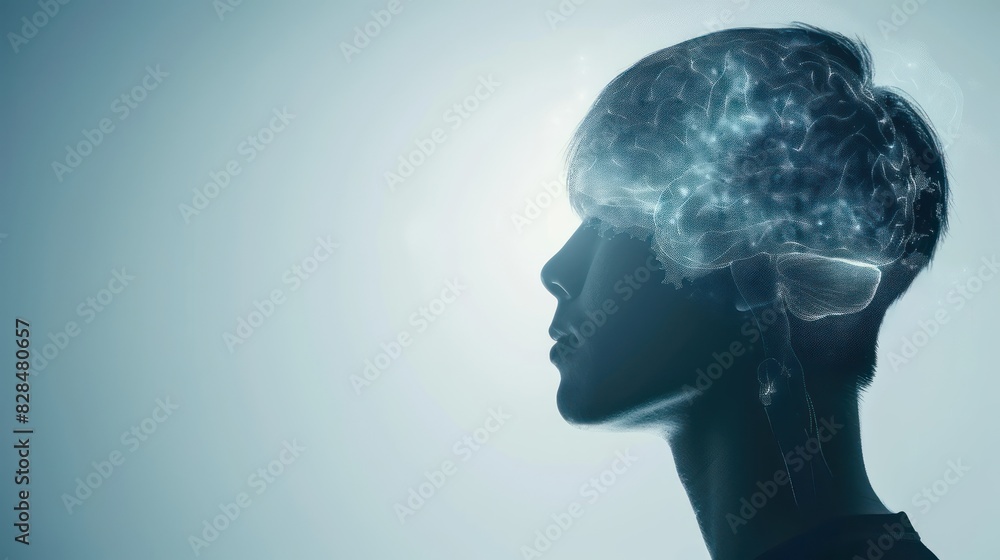 Poster a side profile of a person's head with a transparent overlay showing the brain's structure, emphasiz