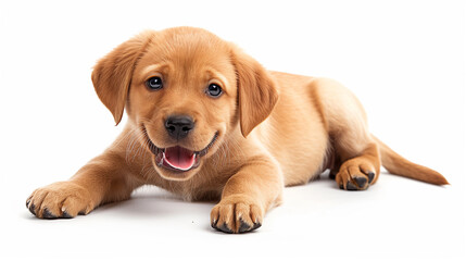 A delightful Labrador Retriever puppy in a full-body pose on a white background, capturing its playful nature and innocent eyes.