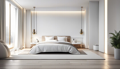 minimalist bedroom design with white sheets and bright colors, luxury hotel concept

