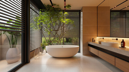 Bathroom interior with a large window in beige shades with plants