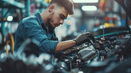A side profile of an auto mechanic working on a car engine, with parts of the engine clearly visible and the workshop environment in the background