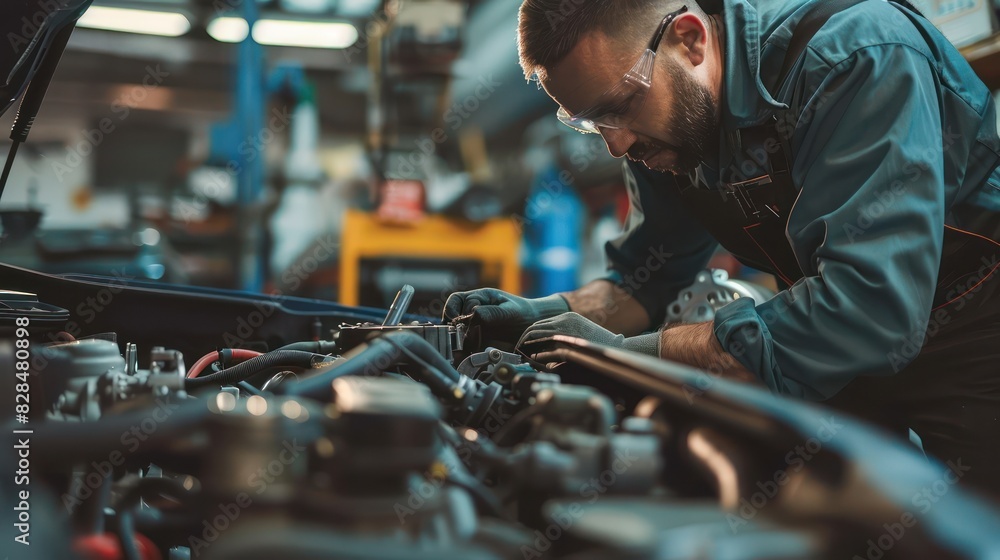 Poster a side profile of an auto mechanic working on a car engine, with parts of the engine clearly visible