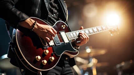 Fototapeta premium A man happily playing guitar on stage