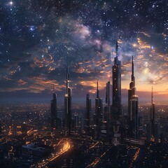 A futuristic city powered by renewable energy, illuminated against a backdrop of the cosmos, demonstrating sustainable progress