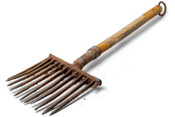 Rustic Garden Fork with Wooden Handle on Transparent Background