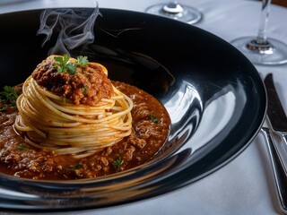 Smoky Hot Italian Spaghetti noodles with sauce bolognese in black plate, on table closeup, Italian food