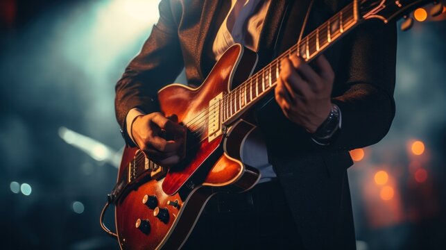 A man happily playing guitar on stage - Powered by Adobe