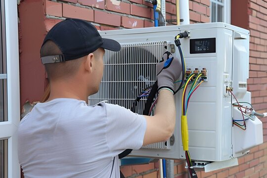 Technik serwisujący klimatyzator na zewnątrz budynku