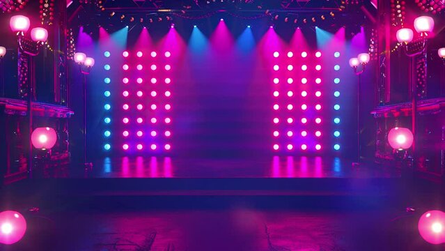 Speaker podium. Podium winner. Podium fashion. Blue spotlights, stage lights, beautiful lighting. Comedy night background template. a blue round podium on a technologic with blue lights. Disco ball