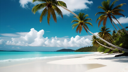 A pristine tropical beach with wood bed white sand and crystal-clear turquoise water. Palm trees line the shore, gently swaying in the breeze. The sky is bright blue with a few fluffy clouds,