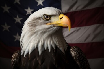 Fototapeta premium Bald eagle with american flag gray background. Strength, unity, national day.