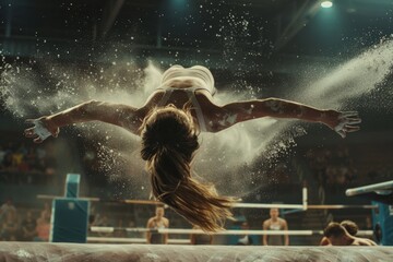 Graceful Gymnast Perfect Landing, Chalk Dust Flying - Gymnasium Vault Routine, Energetic Background Cheering