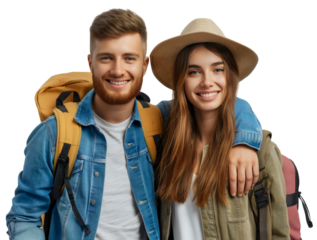 Happy smiling young man and woman wearing backpacks, smiling and looking at the camera, portrait isolated on transparent background. Explore mountain adventure journey, tourist couple