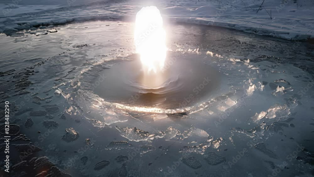 Poster an ice circle illuminated by the warm rays of the sun thawing slightly and creating a beautiful cont
