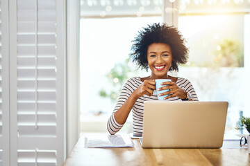 Black woman, portrait and laptop remote work with coffee, smile and research, information and...