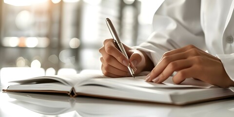 Medical professional or scientist writing notes in a notebook. Concept Healthcare Professional, Scientist, Notebook, Writing, Taking Notes