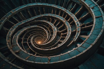 A spiral staircase with a light shining on it