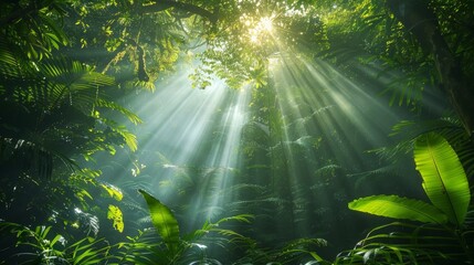 Rainforest Canopy: Capture the dense, green canopy of a rainforest with rays of sunlight piercing through, and diverse wildlife inhabiting the treetops. Emphasize the complexity and richness of this n