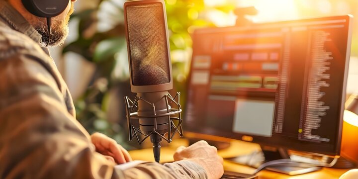 A podcast enthusiast creates digital content from the comfort of home. Concept Podcasting, Digital Content Creation
