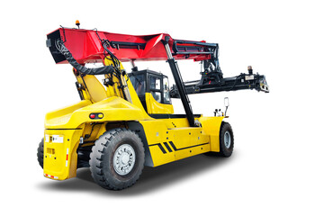 A yellow forklift equipped with a crane on top for lifting heavy objects or containers at a terminal.