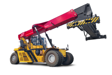 A yellow and red truck equipped with a crane on top, used as a terminal loader for containers.