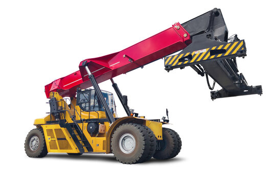 A yellow and red truck equipped with a crane on top, used as a terminal loader for containers.