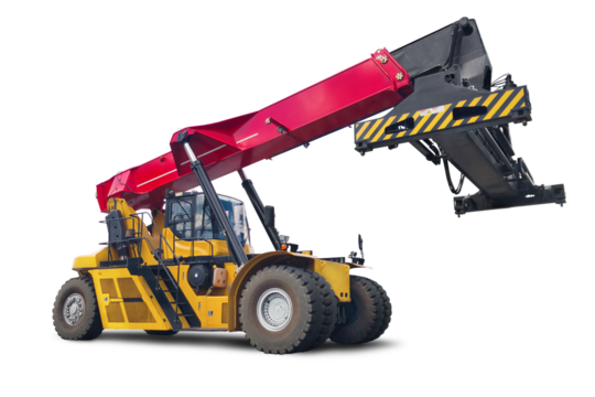 A yellow and red truck equipped with a crane on top, used as a terminal loader for containers.