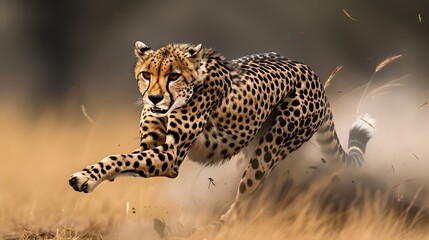 a cheetah in mid-chase, its powerful muscles rippling as it sprints after prey on the open savannah.