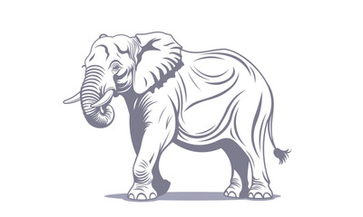 Vector graphic gray monochrome African or Indian wrinkled elephant. Zoo. Engraving of a large savannah animal with trunk and tusks. Wildlife of Africa. White isolated background.