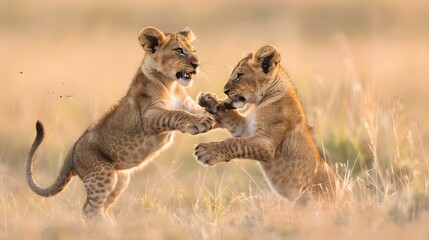 Obraz premium lion cubs playfully wrestling with each other in the tall grass of the savannah.